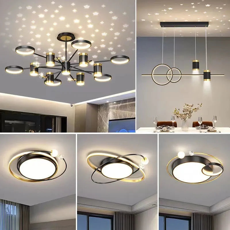 Black 13-head iron pendant chandelier with remote control and adjustable suspension