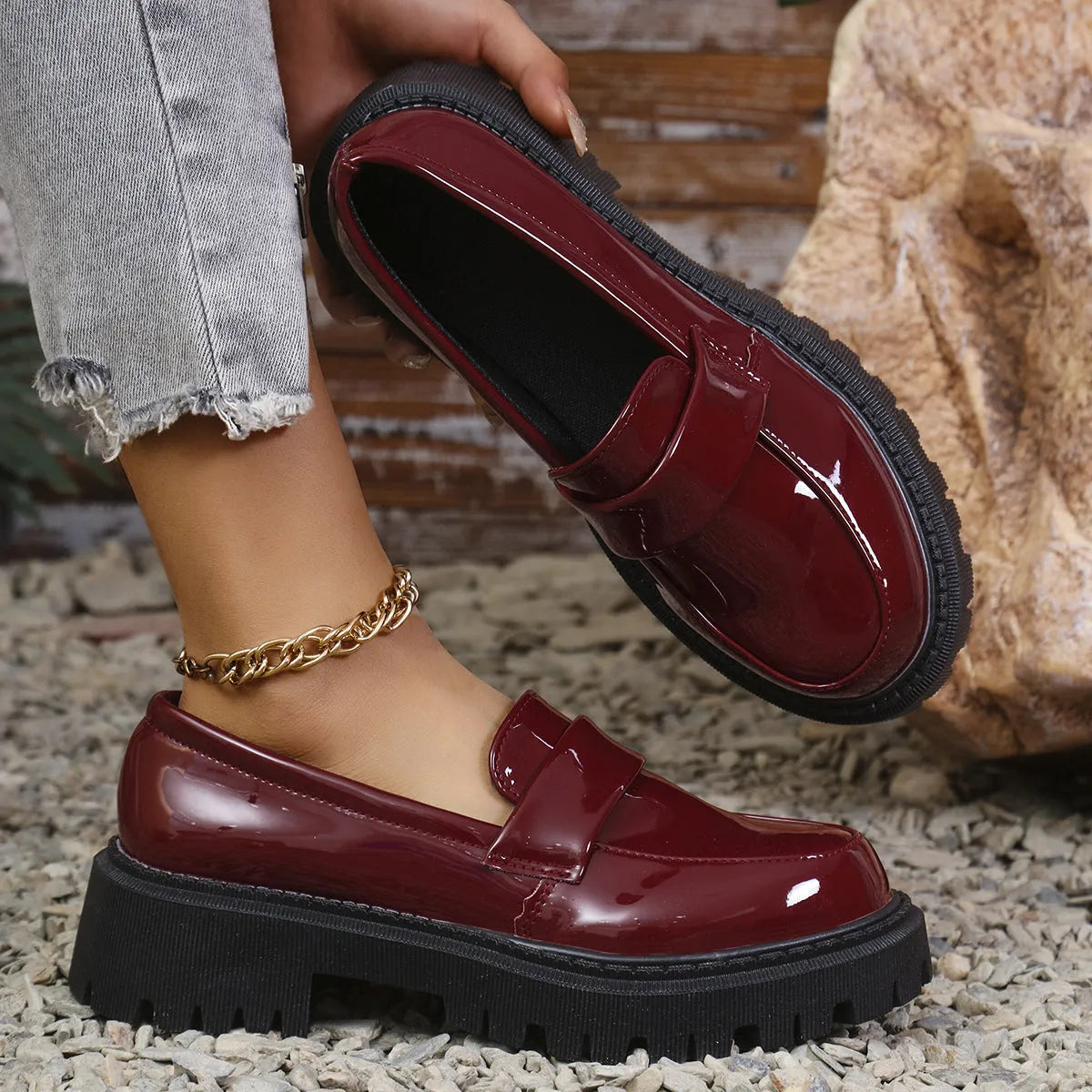 Plus size slip-on loafers with chunky platform heel in black, wine red or green colours