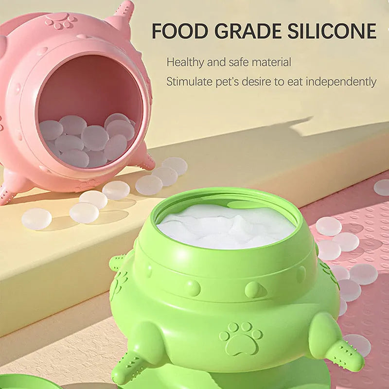 Pink silicone pet milk feeder with bionic breast design and four nursing pacifiers