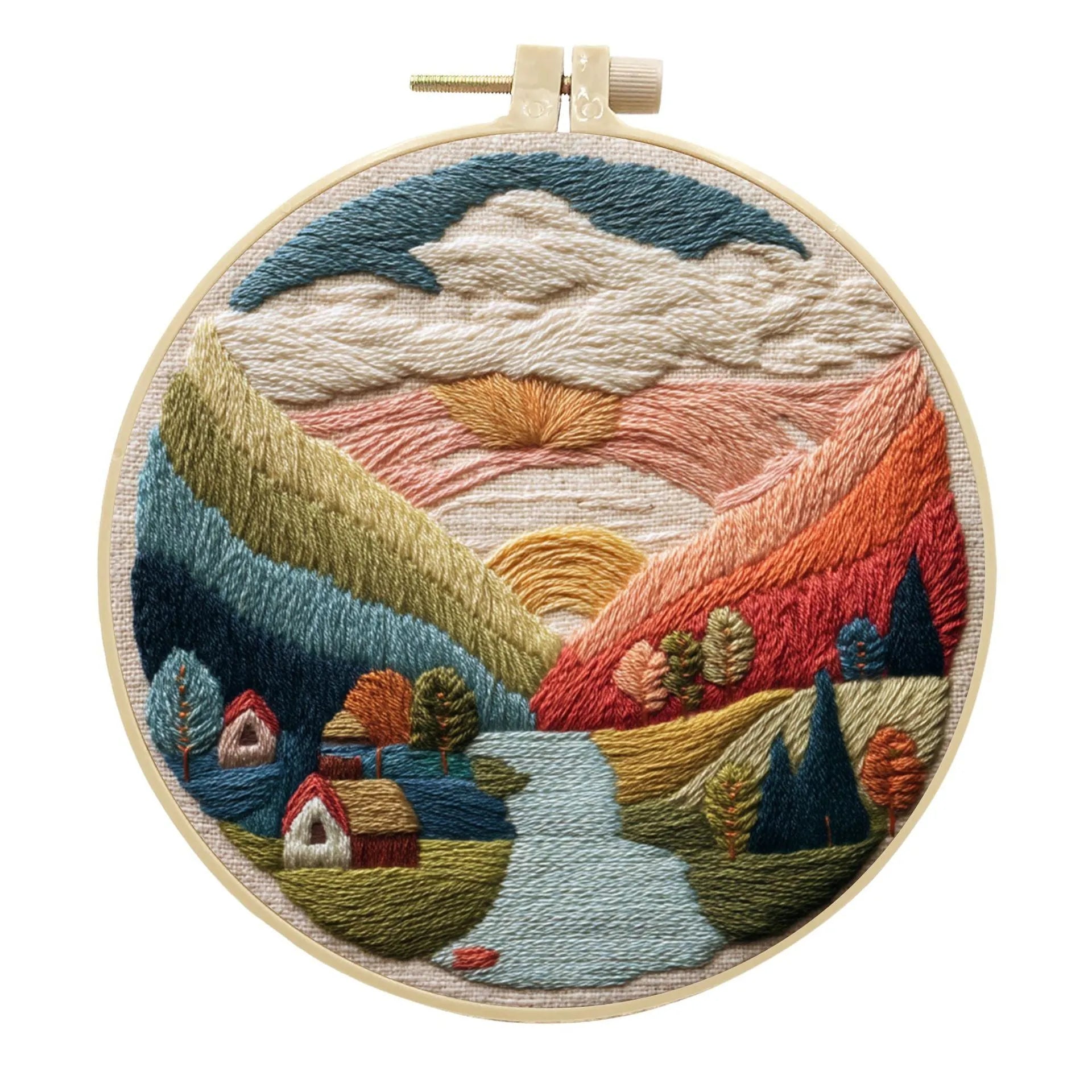 Embroidery DIY kit with landscape-printed cotton fabric, thread, needles, and a 15cm bamboo-style frame.