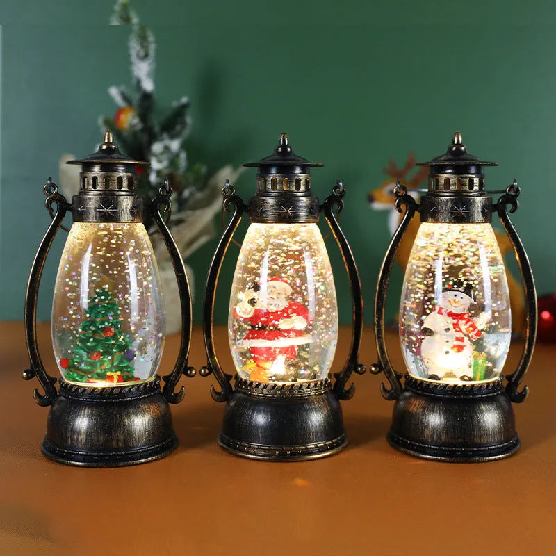 LED crystal ball Christmas decoration with illuminated oil lamp snowman figure on tabletop