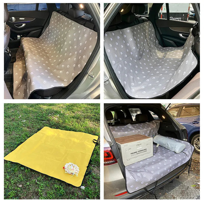 Car pet mat for rear seats in water resistant cloth with dog footprint design protecting vehicle upholstery