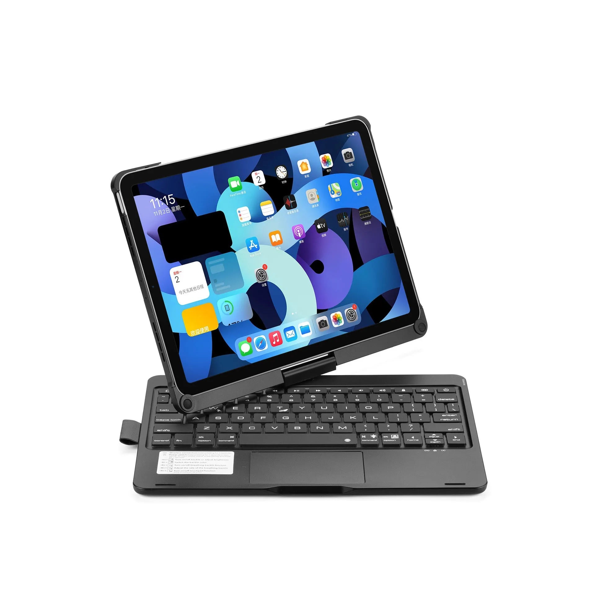 Rotating 360-degree Bluetooth keyboard with touch backlight for iPad Pro and iPad Air in black, rose gold, or silver