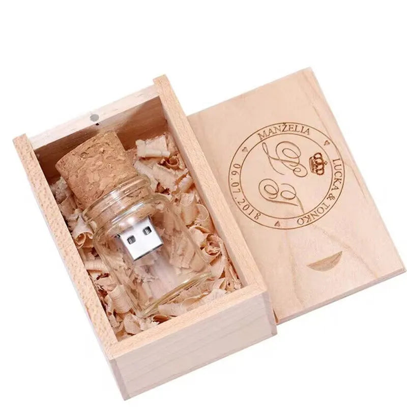 Transparent glass bottle USB flash drive with wooden cap showing 60mm length