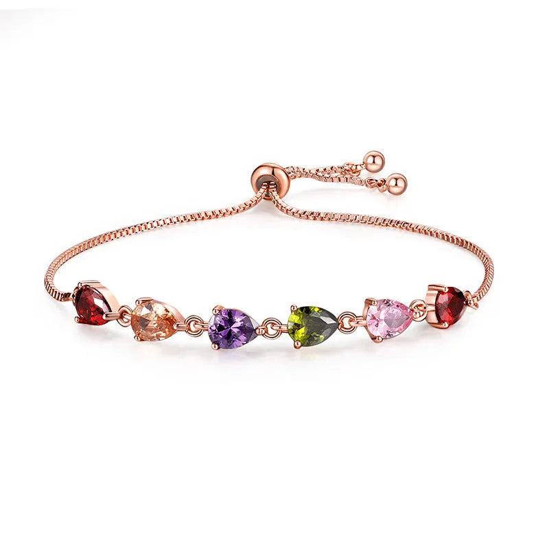 Copper geometric bracelet with inlaid zircon and glass stones for women in water drop diamond shape