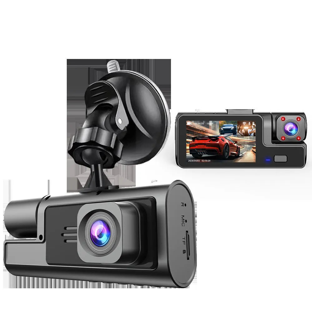 Wi-Fi enabled car dash cam with 2-inch screen on a windscreen, showing a rear-view reversing camera image.