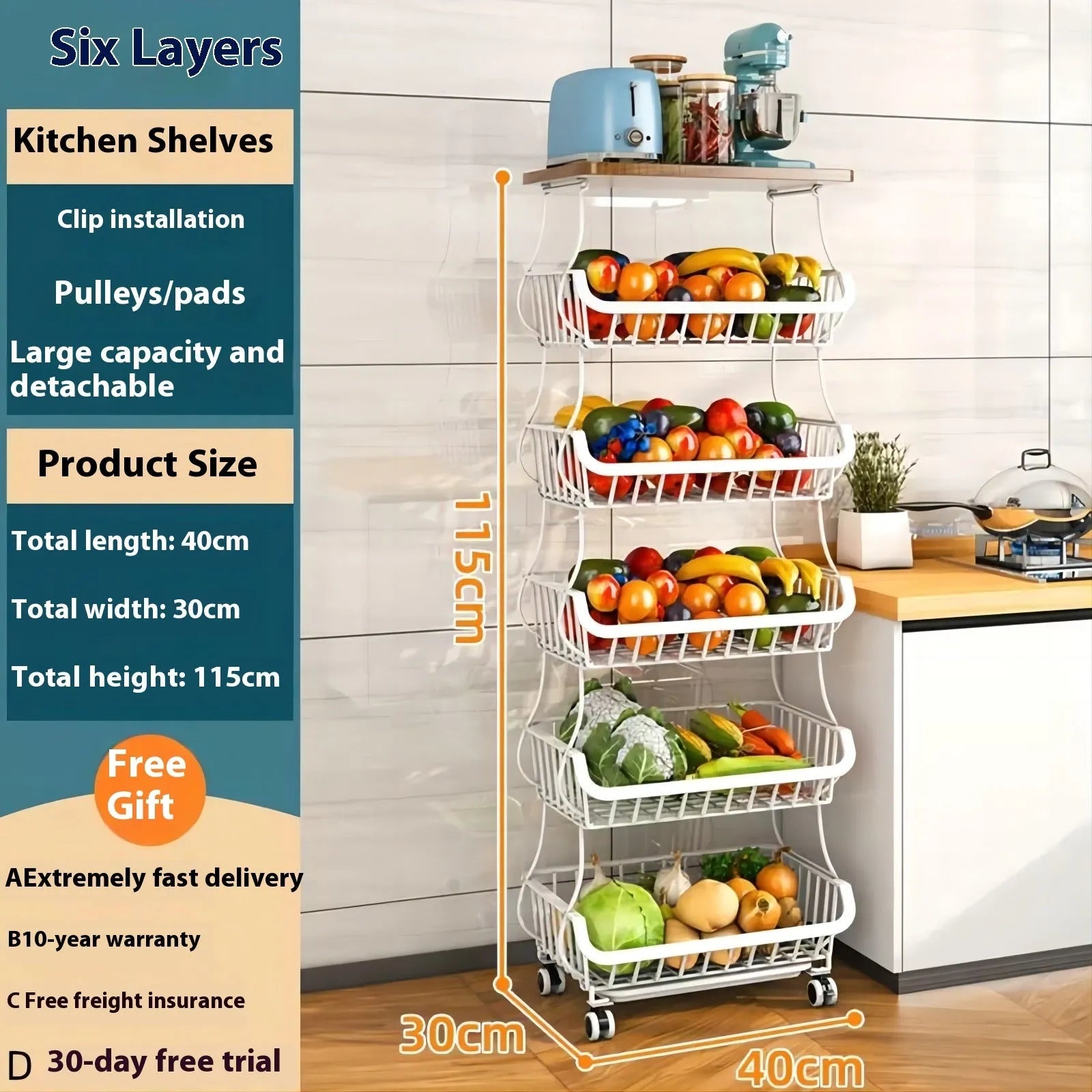 Black six-tier freestanding kitchen storage rack on floor
