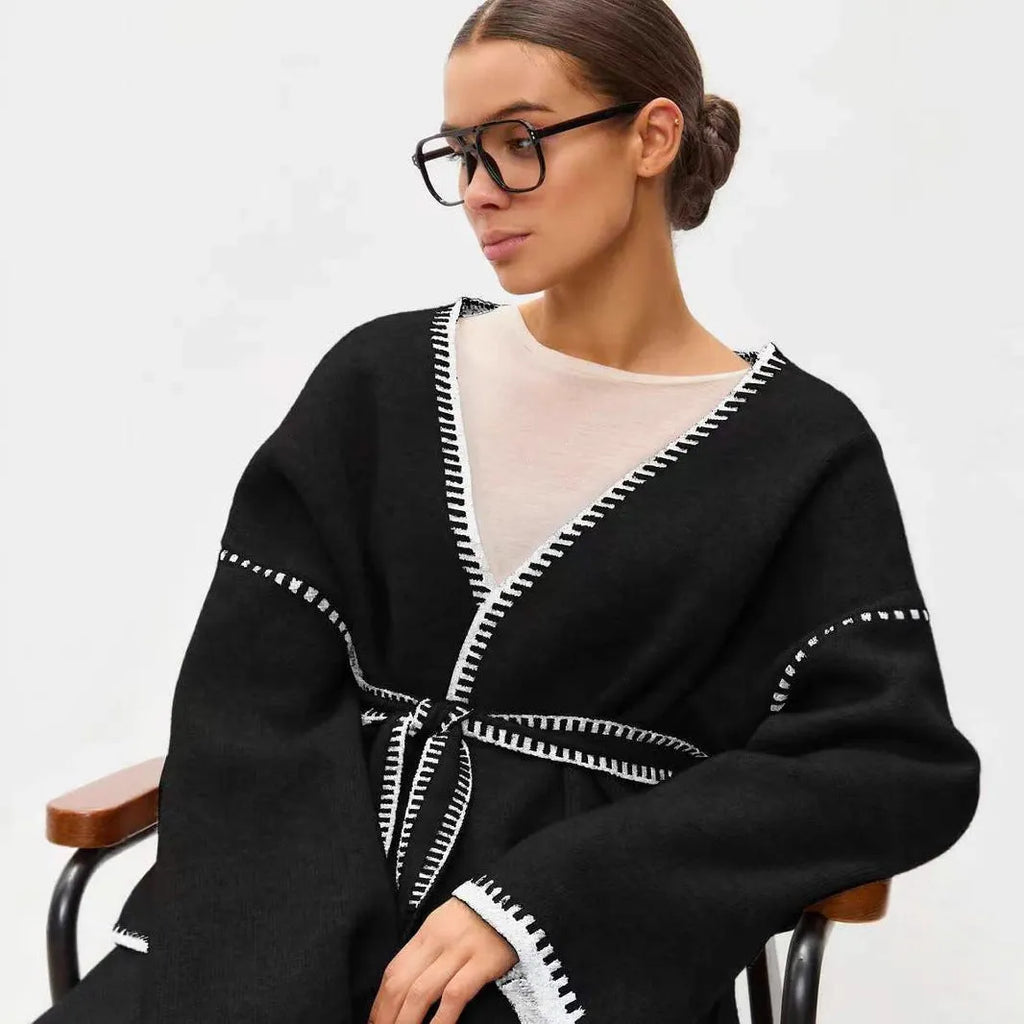 Lace-up front knitted cardigan in imitation cashmere fabric available in black, camel and white colours