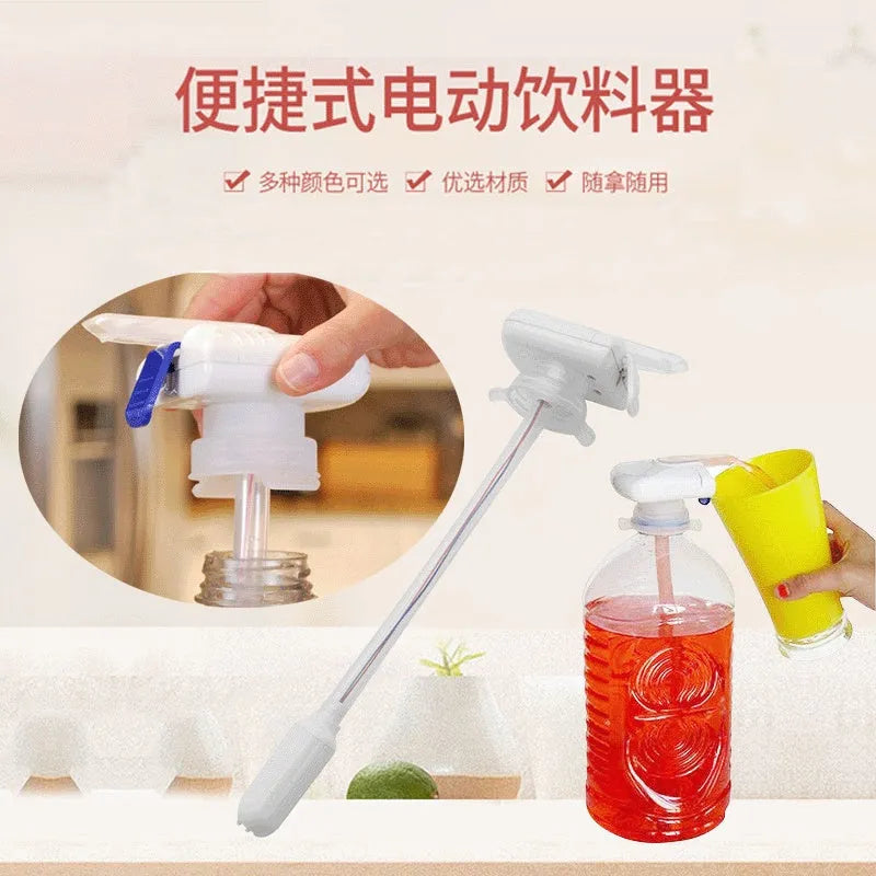 Electric pumping water device with blue press handle and long silicone straw for transferring milk and juice.