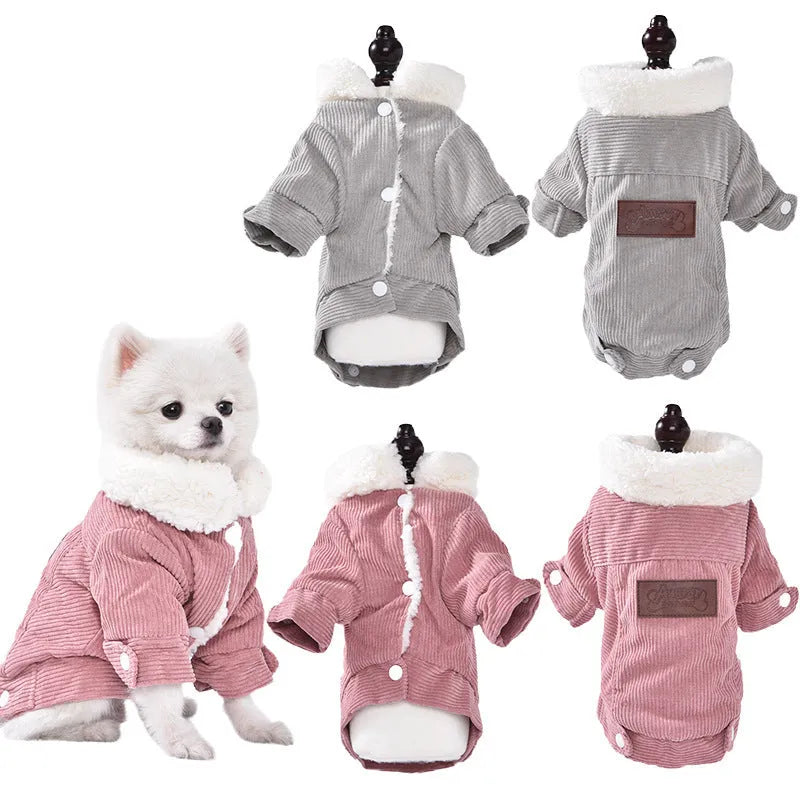 Grey lambswool dog vest with fleece lining shown on a dog model