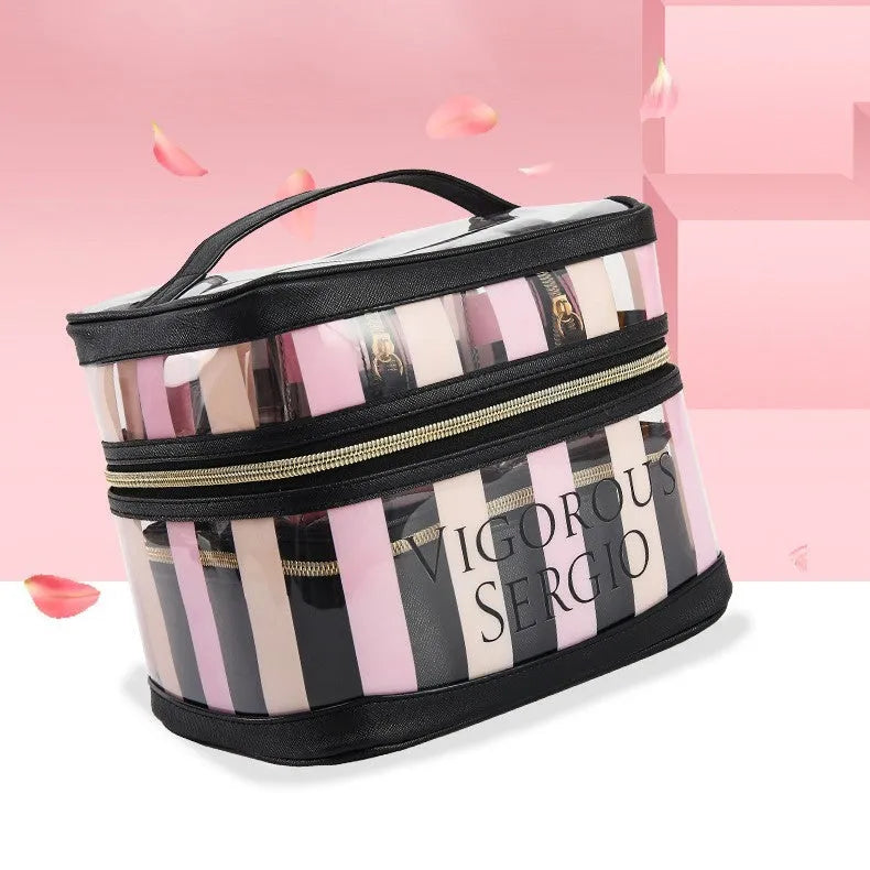Pink bold stripes floral pattern waterproof synthetic leather makeup bag with folding design