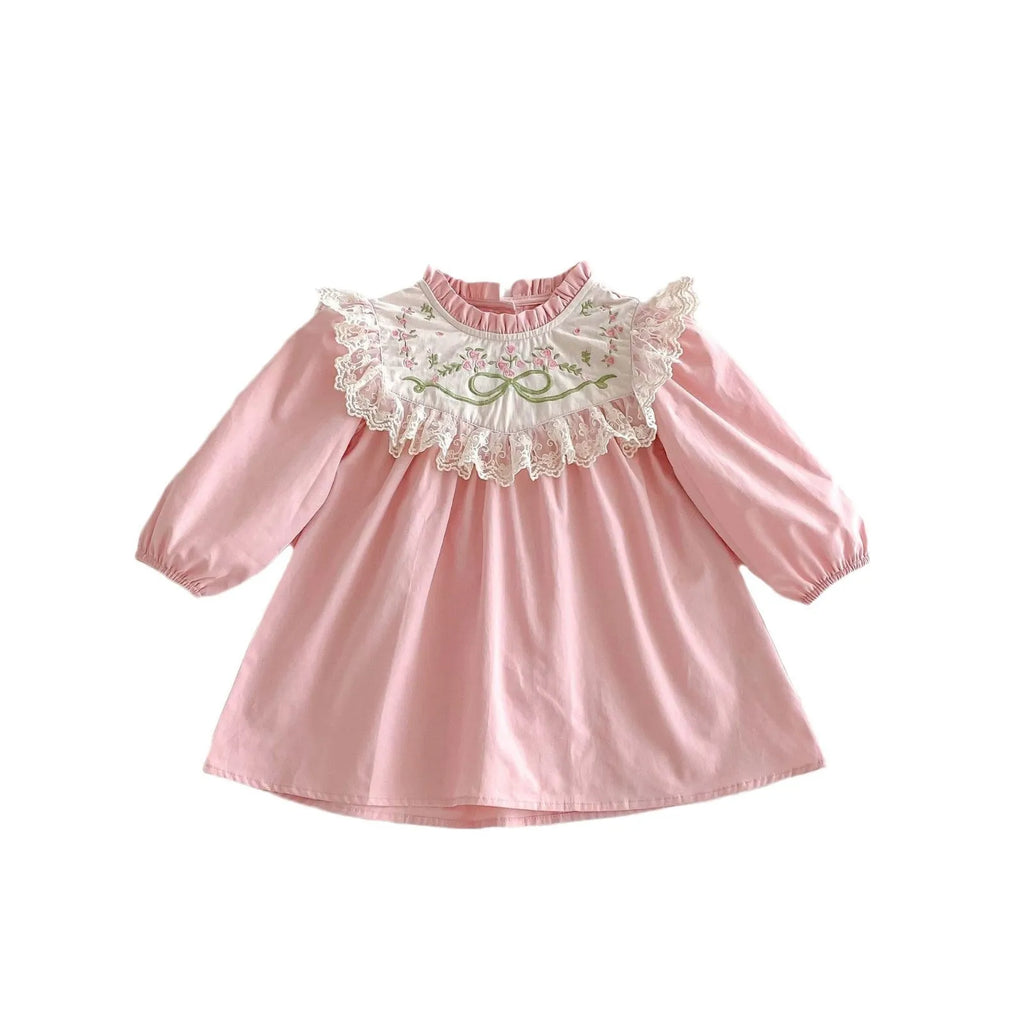 Pure cotton girls' dress in pink with lace stand collar and flower embroidery, long sleeves, princess style