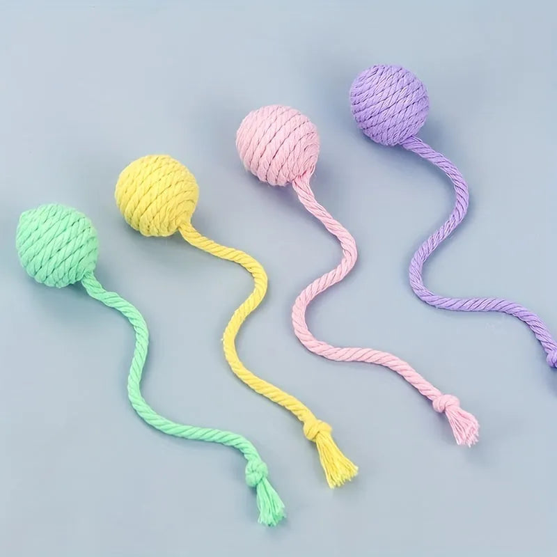 Cat toy ball with rope and built-in bell in multiple colours for kitten play