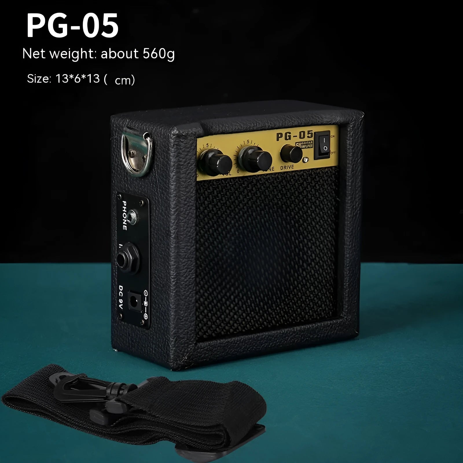 Small and easy to carry guitar audio amplifier with metal plastic construction, 25 by 8 by 26 cm