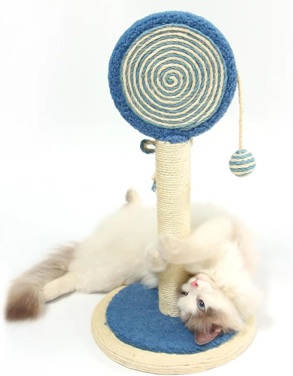 Blue cat scratching post with natural sisal rope and hanging ball on sturdy base