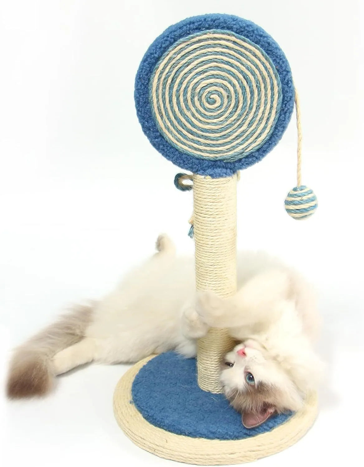Blue cat scratching post with natural sisal rope and hanging ball on sturdy base