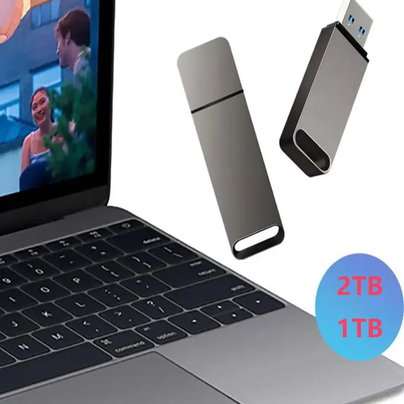 Customisable metal USB flash drive in black, red, or silver showing high capacity options up to 16TB.