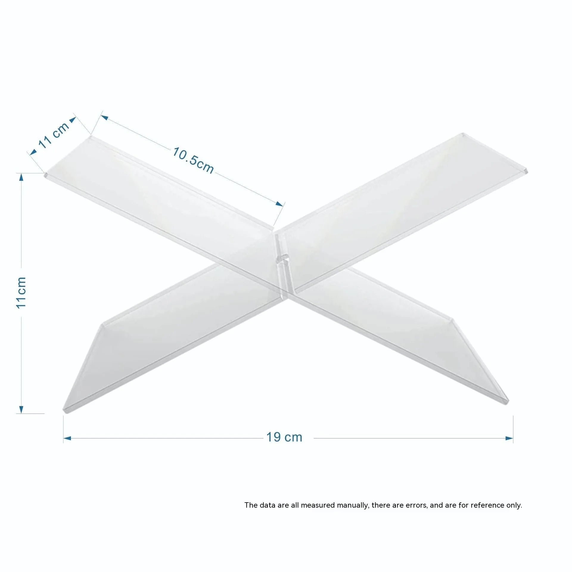 Clear acrylic X-shaped desktop book display rack holding books and magazines