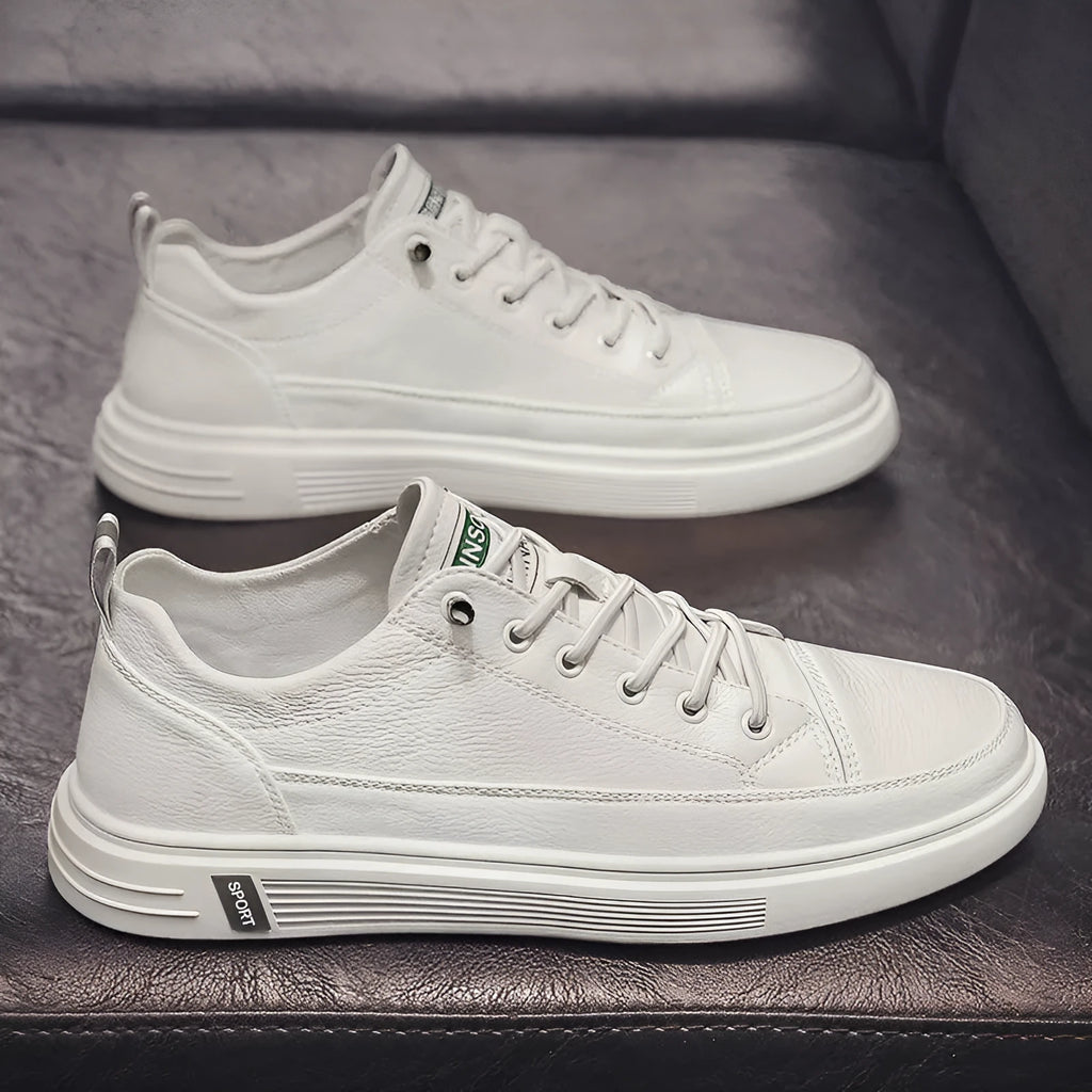 Men's white casual shoes with round toe and low flat heel, Korean style shallow opening.