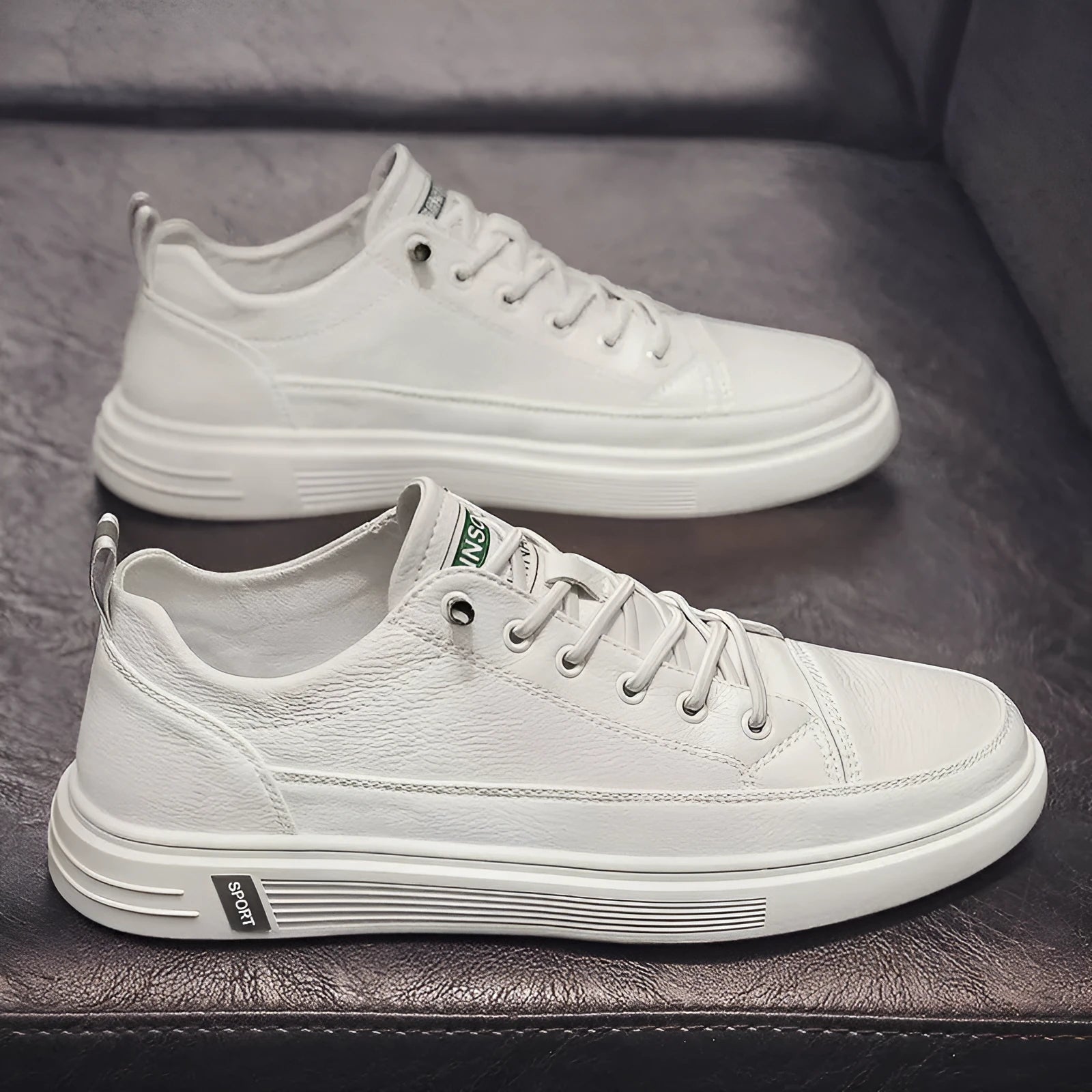 Men's white casual shoes with round toe and low flat heel, Korean style shallow opening.