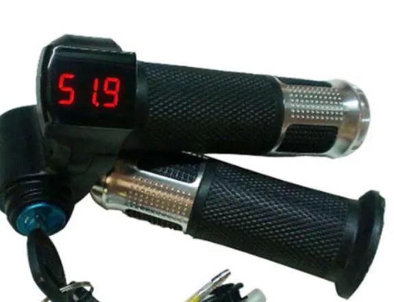 Electric vehicle handlebar control section in blue, red, silver, and yellow colour options