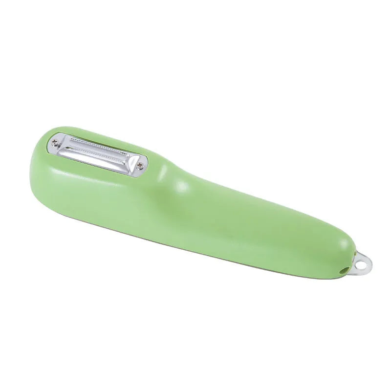 Dark green vegetable peeler with storage tube and stainless steel blade, 20cm length with hanging hole