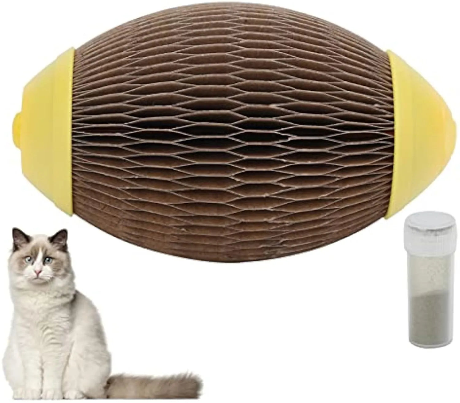 Ellipse-shaped catnip scratch ball made from brown recycled corrugated paper, shown with a pull-open cover.