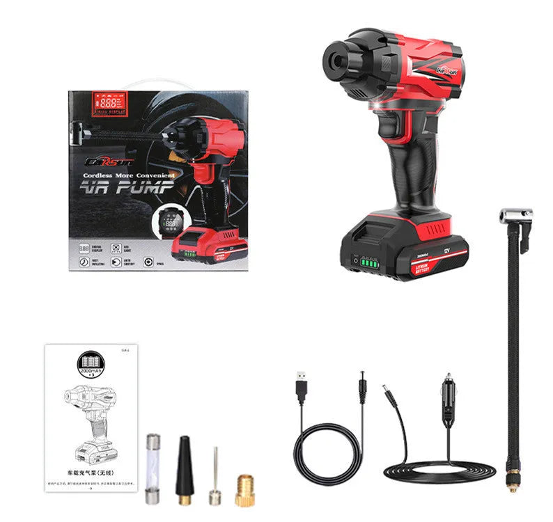Red and black portable car wireless air pump with nozzles and power cable for tyre inflation