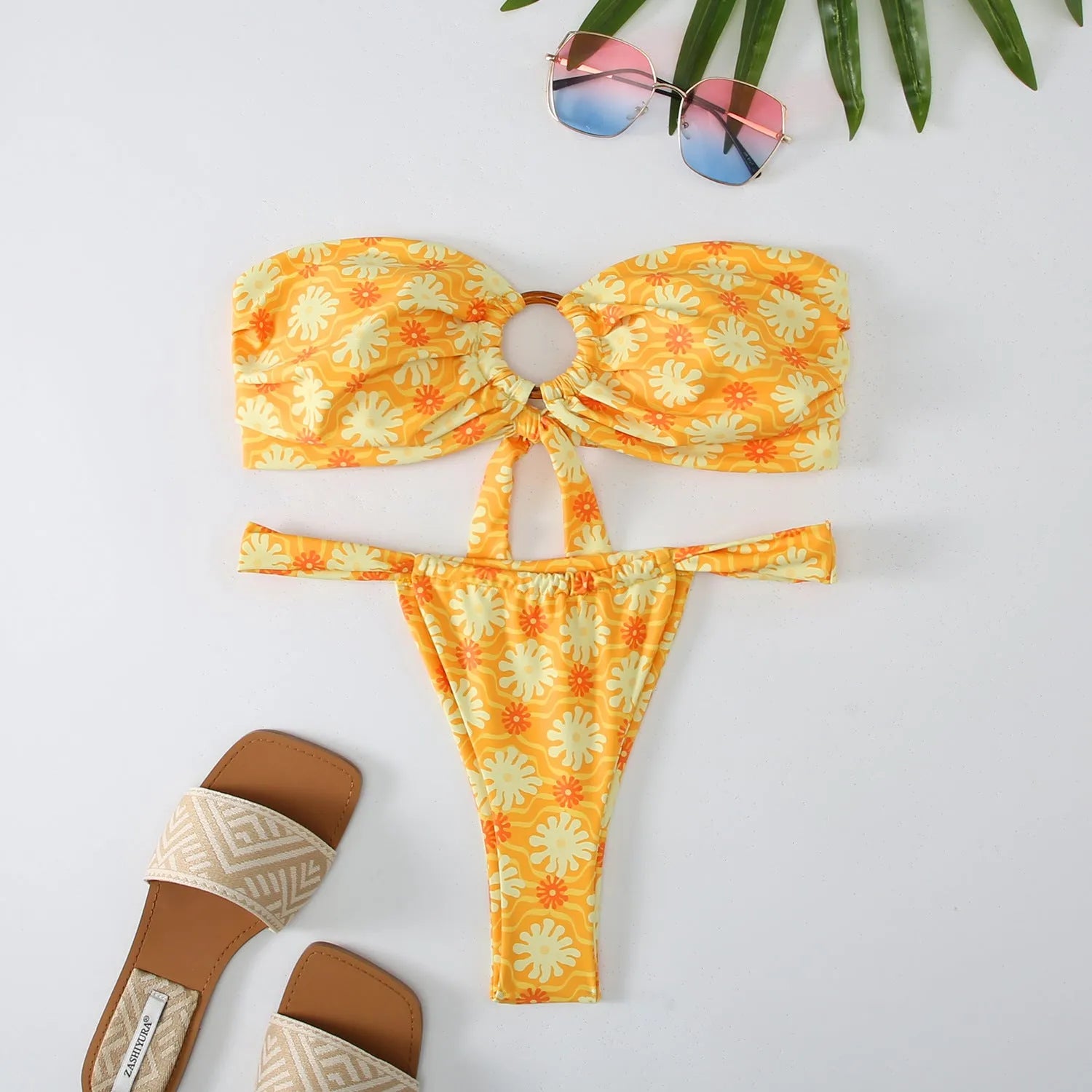 Women's floral print bikini set with tube top and briefs in high elasticity fabric