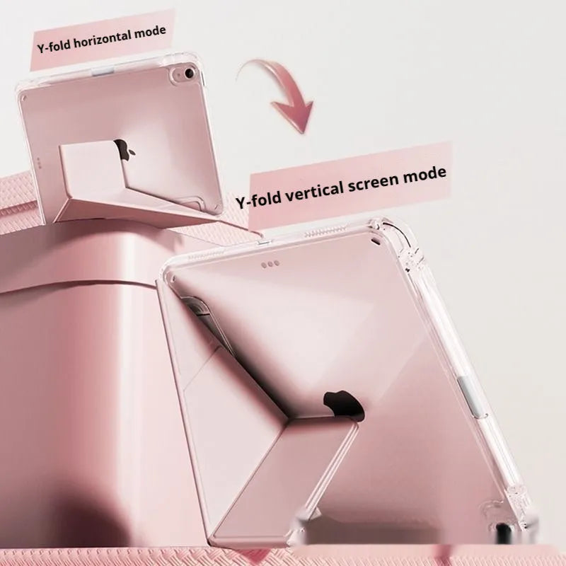 Transparent acrylic iPad screen cover with a fold-out stand, shown in pink on a tablet.