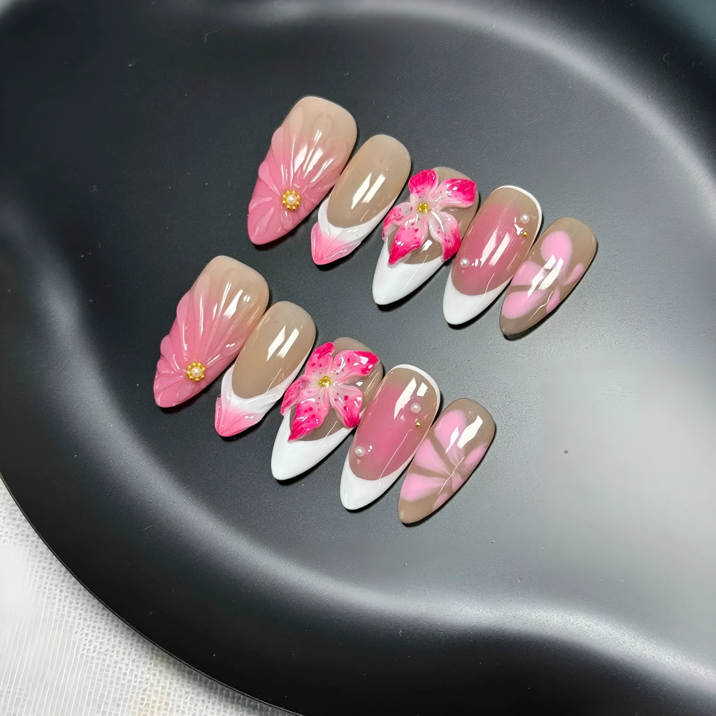 French Style Lily Fluid Ice Flower three-dimensional plastic nail art armour set in almond style.