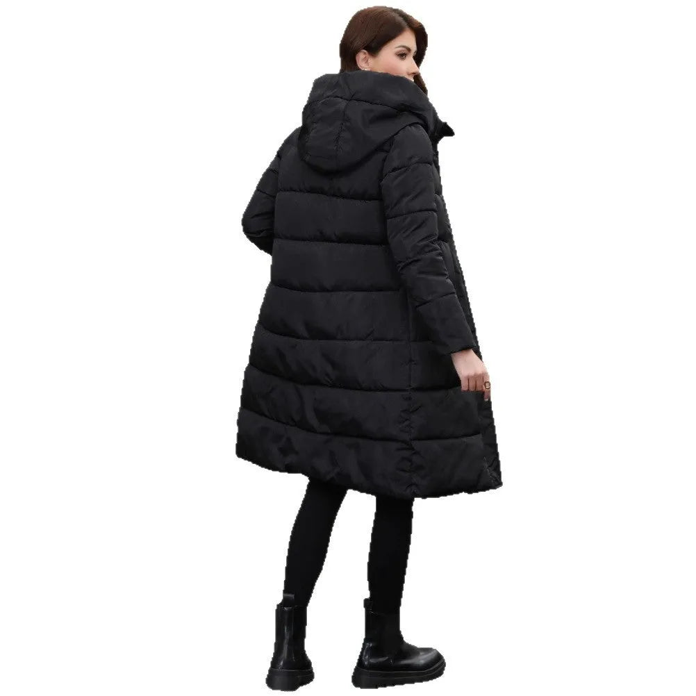 Black slim-fit hooded cold-resistant long jacket with polyester fabric construction