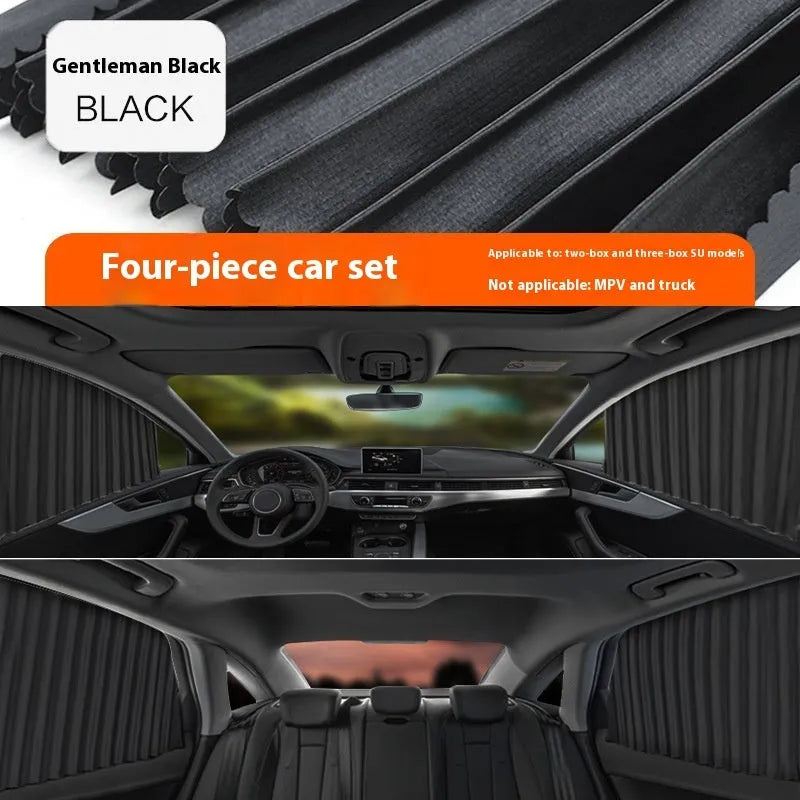 Car magnetic sunshade polyester four-piece set in silver colour for full car window coverage