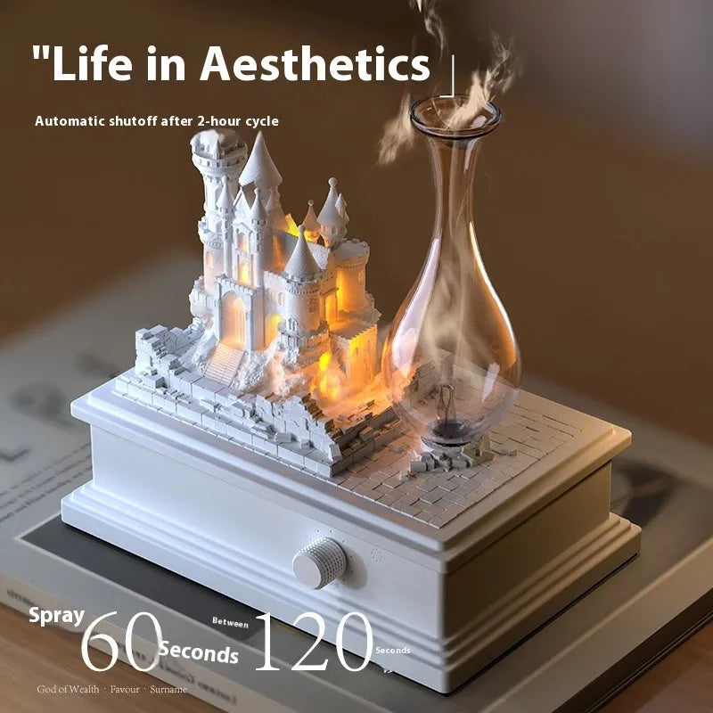White medieval castle aromatherapy machine with waterless cold fragrance system and ambient lighting