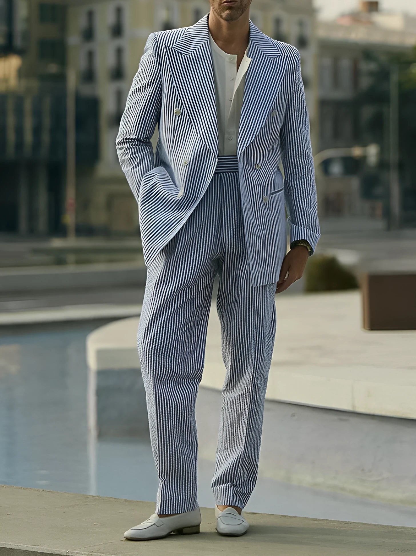 Blue and white striped polyester suit set with blazer and matching trousers