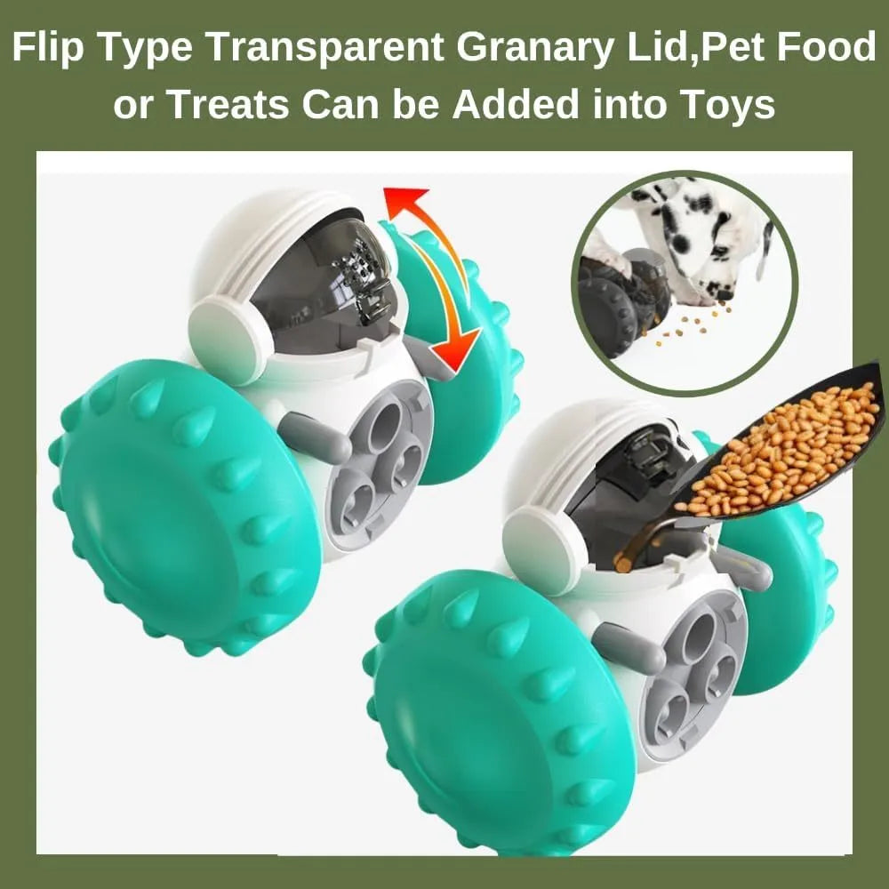 Robot-shaped tumbler pet treat dispenser toy in assorted colours for small dogs and cats