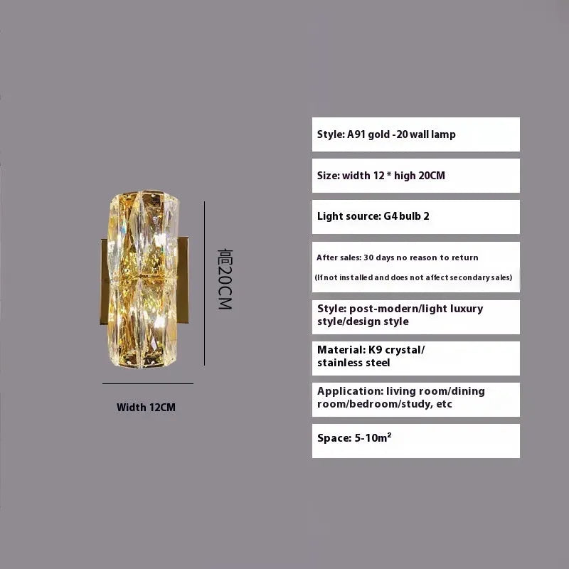 Crystal shade LED wall lamp in chrome or gold finish on stainless steel base.