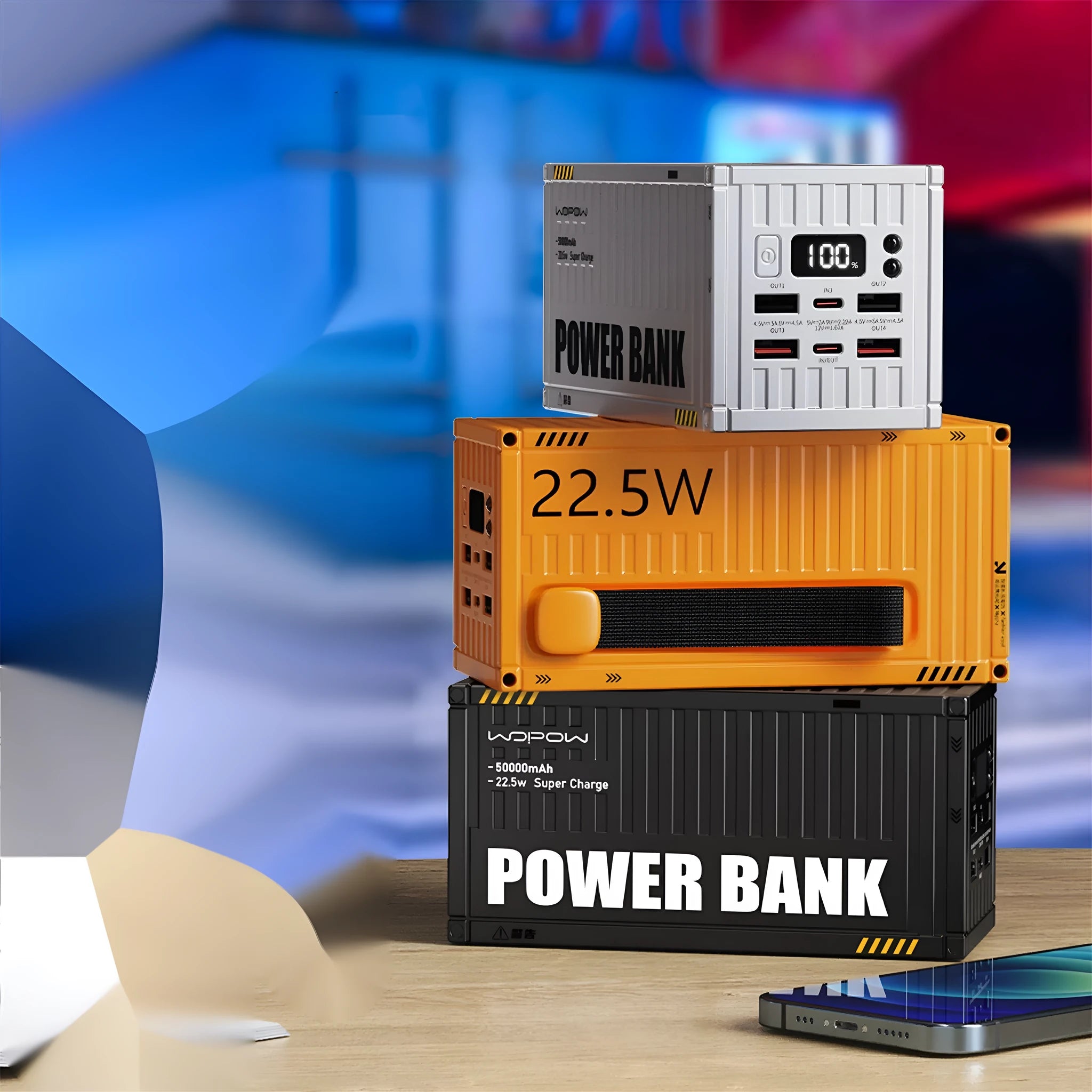 50000mAh yellow black silver plastic power bank with digital display and five USB output ports.