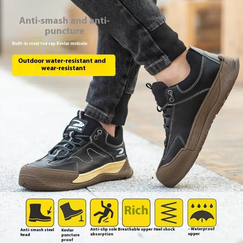 Flyknit safety work shoes with leather upper and rubber sole in multiple colours