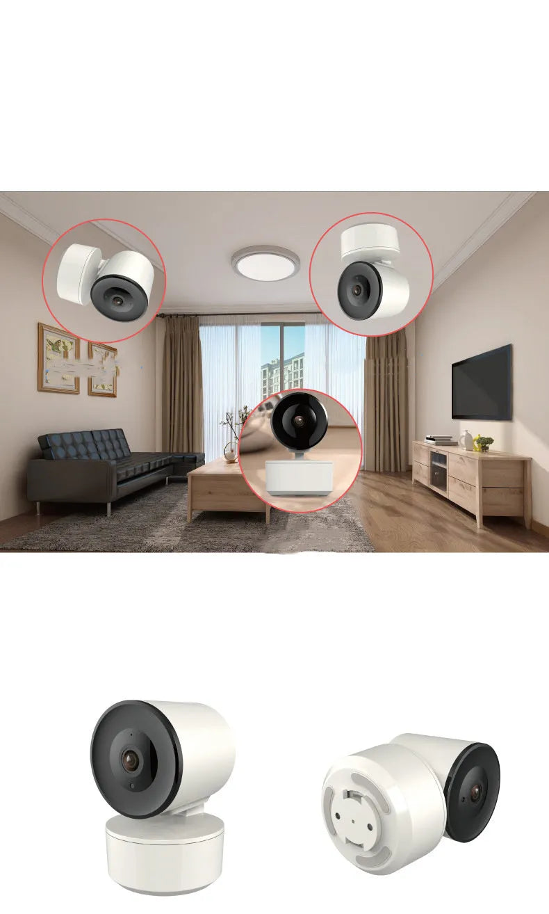 White indoor WiFi security camera with 1080p lens on a swivelling base for PTZ movement.