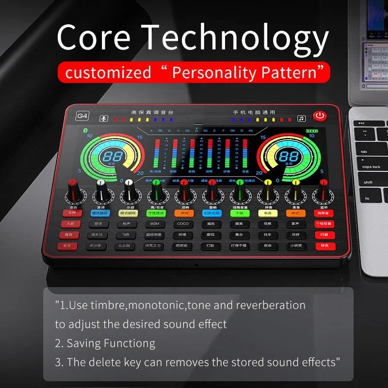 G4 professional live sound card mixer with LCD screen, control knobs, and included microphone on a desk