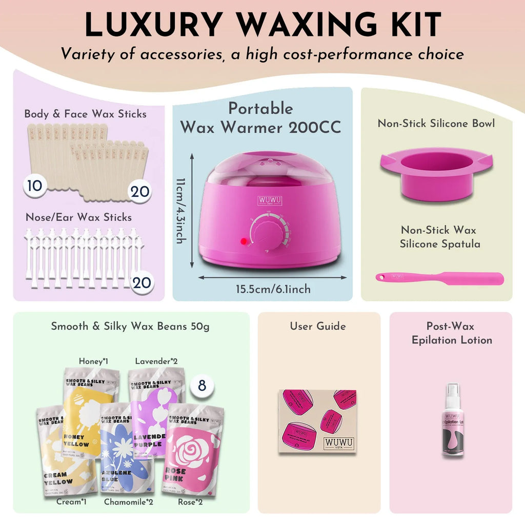 Waxing kit with warmer, wax beads, multiple applicator sticks and skincare products for hair removal