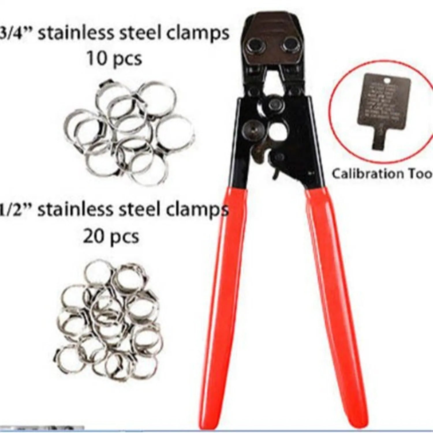 Red cloth style single ear metal PEX clamp with carbon steel cutting edge.