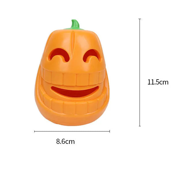 Orange Halloween pumpkin shaped dog chew toy made of durable rubber with a treat-dispensing funnel.
