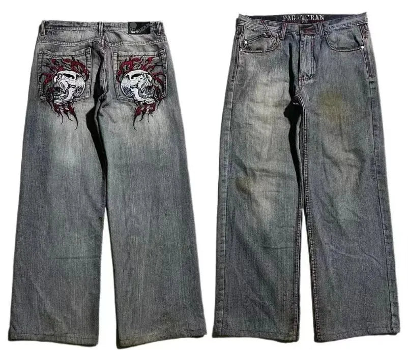 Men's washed-out grey wide-leg jeans with straight cut and mid-waist fit