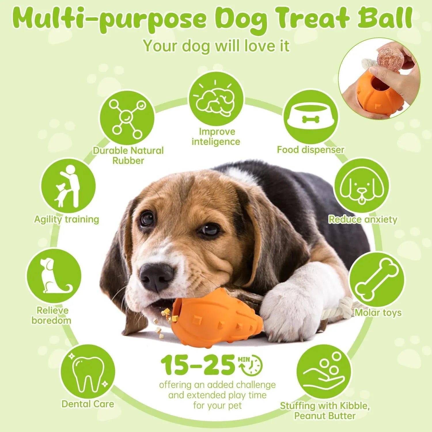 Natural rubber stuffable dog toy with treat dispensing hollow core for small medium breed dogs
