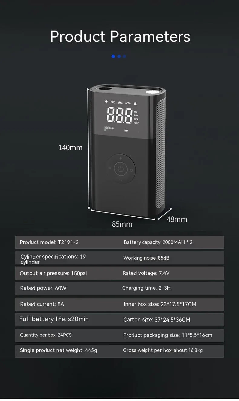 Wireless digital display air pump with LED light showing tyre pressure reading on screen