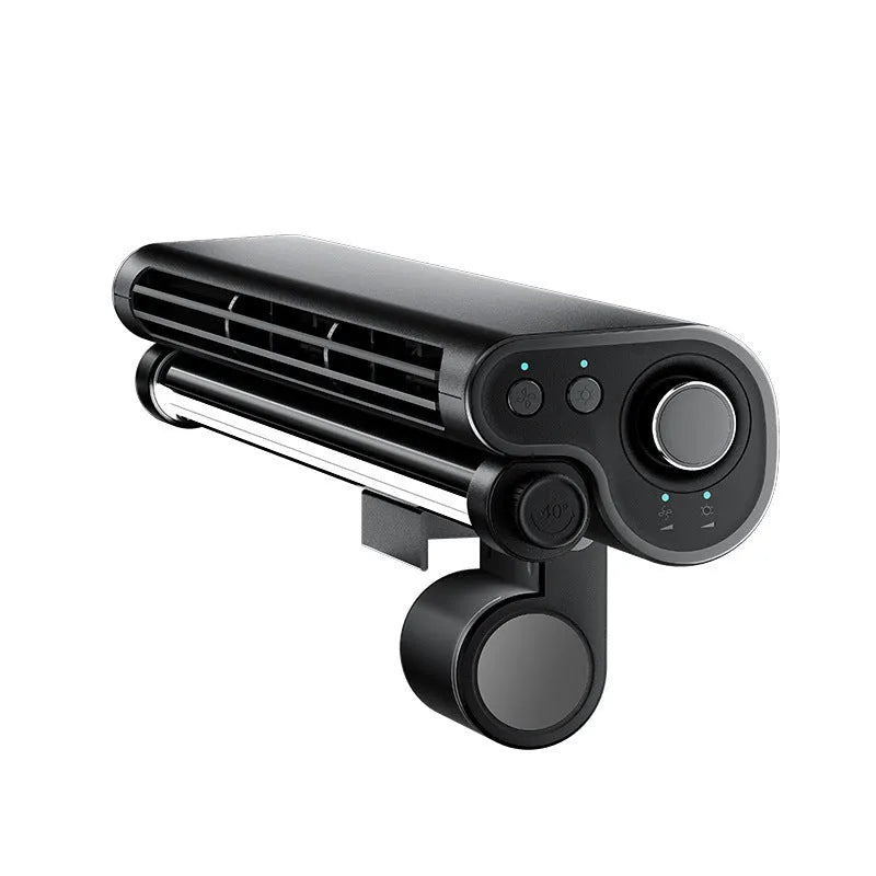 Black USB bladeless fan with clip mounting and integrated lighting lamp for laptop screens