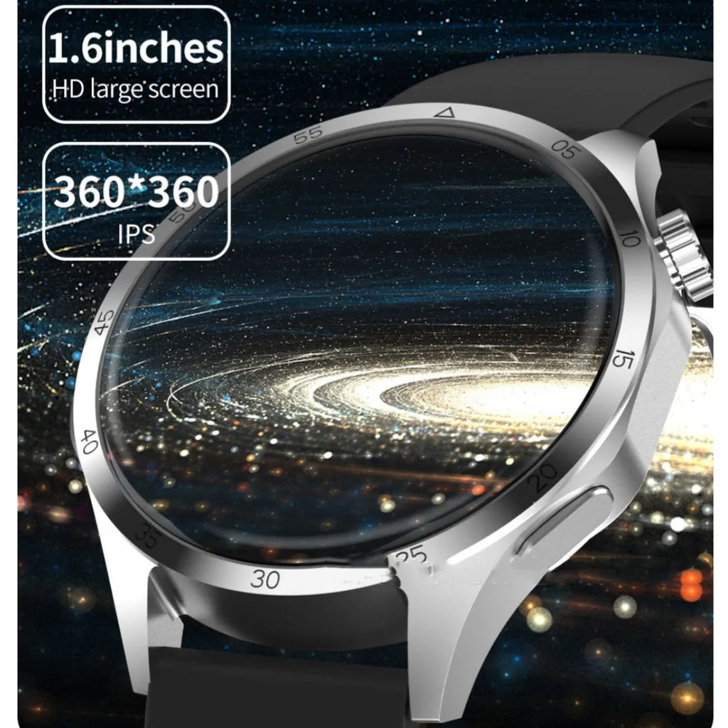 Black Bluetooth smartwatch with touch screen showing fitness stats, with silicone and Milan metal strap options.