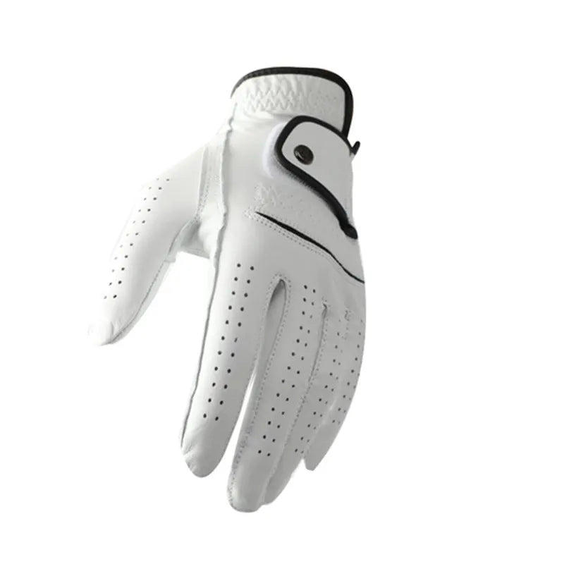 A white men's golf glove made from half sheepskin leather, showing a non-slip palm.